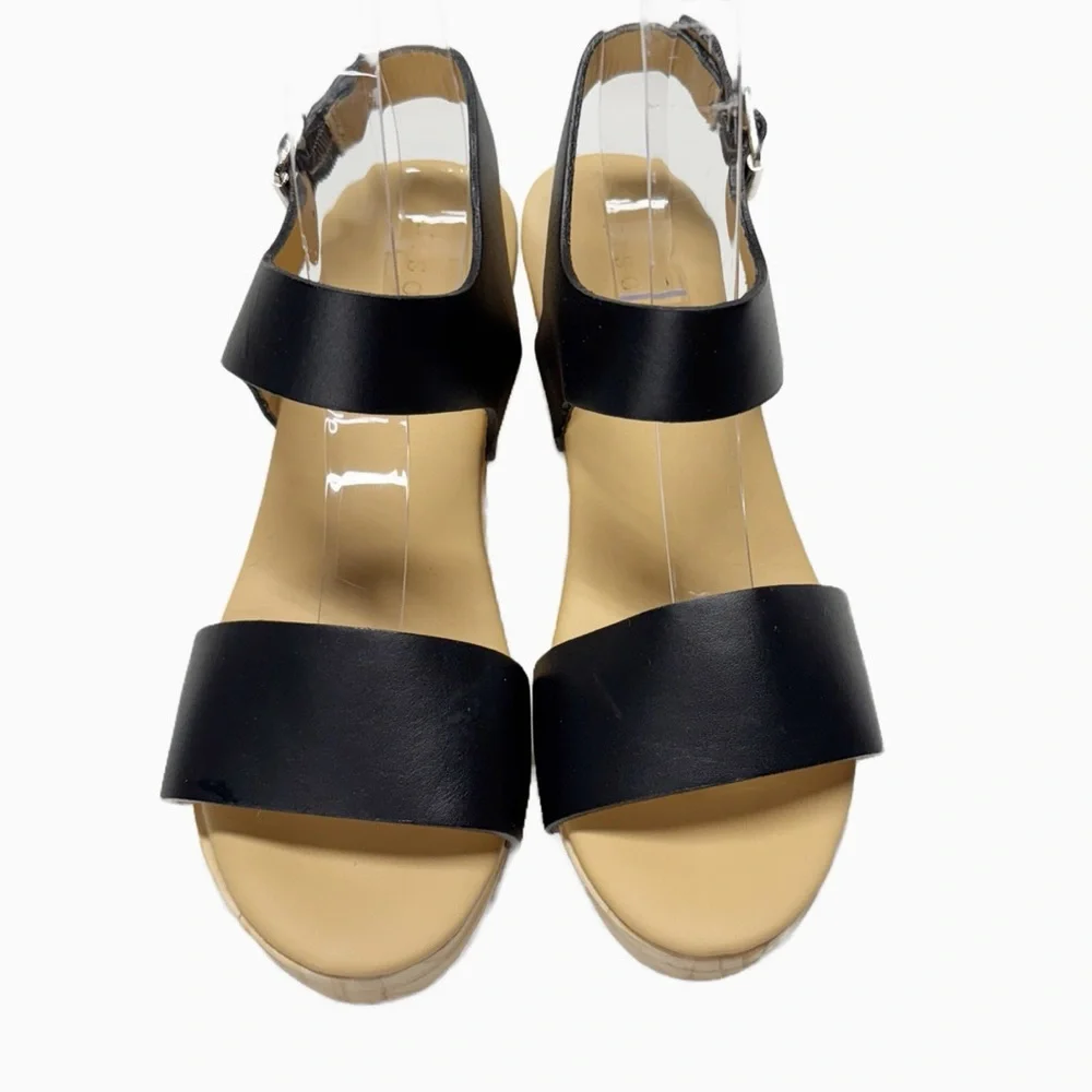 Nisolo Black Leather Platform Sandal with Wood Heel